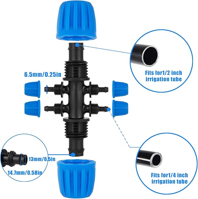 10 Pcs 1/2 to 1/4 inch Garden Hose Tubing Irrigation Fittings,6-Way Anti-Leak 1/2'' to 1/4'' Locked Barbed Drip Irrigation Tee Connectors (1/2"IDx0.6-0.63"OD) 1/2'' to 1/4'' Irrigation Tubing Fitting
