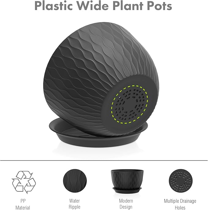 Meowell 12/10/9 inch Large Plant Pots, 3 Pack Wide Flower Pots for Outdoor Indoor Plants with Water Ripples, Big Plastic Planters with Drainage Holes and Saucers for Garden House Plants, Black