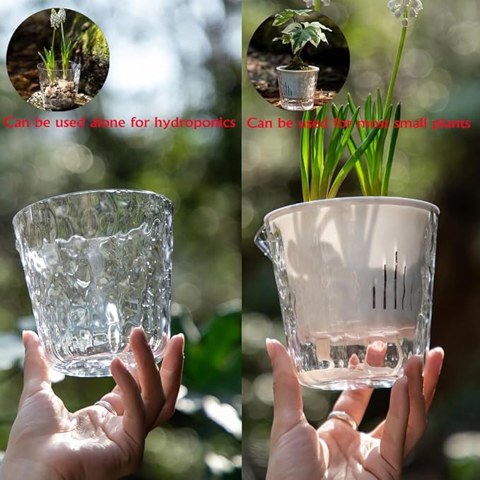 4 Inch Glacier-Textured Self Watering Garden Pots,4 Pack Clear Plastic Planters with Water Filling Spout,Flowerpot with Inner Pot for Indoor Plants,African Violets,Herbs,Succulents(Cream white)