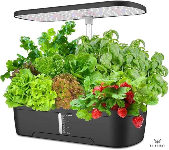 ELITE BAY-Hydroponic Growing System with 12 Pods – Smart Garden with LED Display, Full-Spectrum Grow Light & 4L Water Tank | AU/US Plug | Soil-Free Planter Kit | Black |for Home, Office & Kitchen.