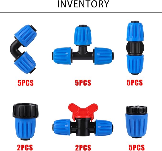 24 Pcs 1/2 Inch Drip Irrigation Fittings Kit,Drip Irrigation Hose Connector for 1/2 Inch Drip Tubing (1/2" ID x0.6-0.63" OD) with 5 Tees,5 Couplings,2 Switch Valves,5 End Cap,5 Elbows,2 Hose Adapter
