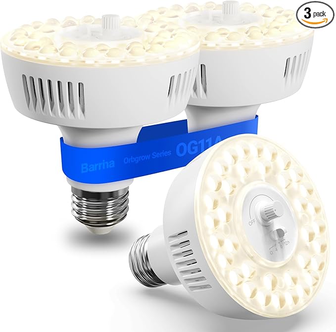Barrina Orbgrow OG11A Grow Light Bulbs for Indoor Plants, Integrated Dimming & Timing, 4000K 33W(3 x 11W, 300 Watt Equiv), E26 Plant Light Bulb, Full Spectrum for Seeds and Greens, 3 Packs, White