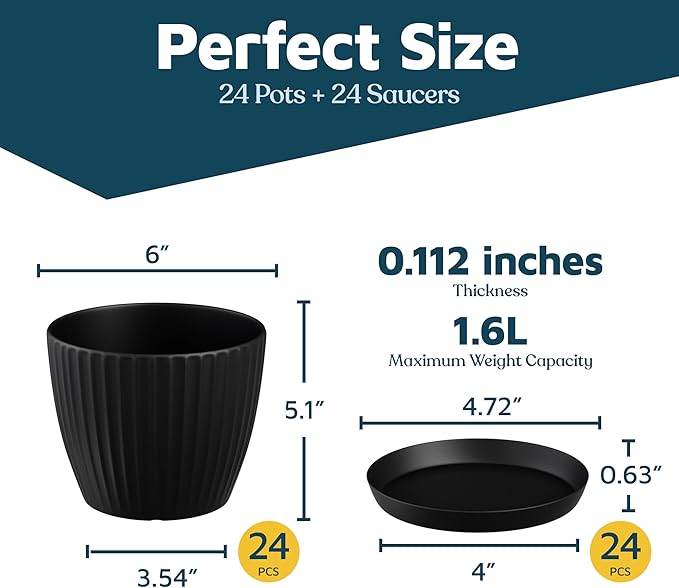 Black 6-Inch Plant Pots with Drainage & Saucers 24 Pack, Indoor & Outdoor Planters for Houseplants, Herbs, and Flowers, Durable & Weatherproof Material, Stackable, Lightweight, Minimalist Design