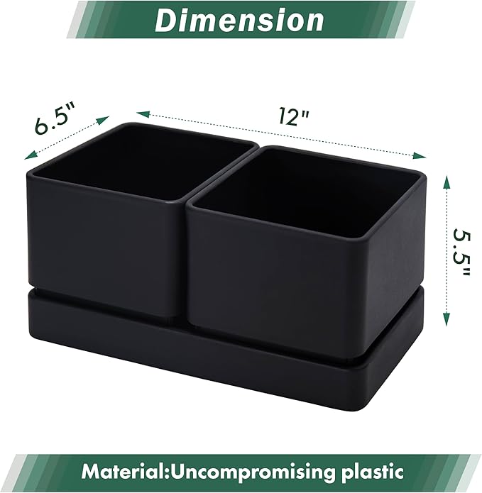 D'vine Dev Indoor Herb Garden Planter Set, Plastic Windowsill Plant Pots with Drainage and Saucer, Indoor Succulent Cactus Vegetable Pot for Balcony, Office, Garden, Black, Set of 1, 76-Q-B-1