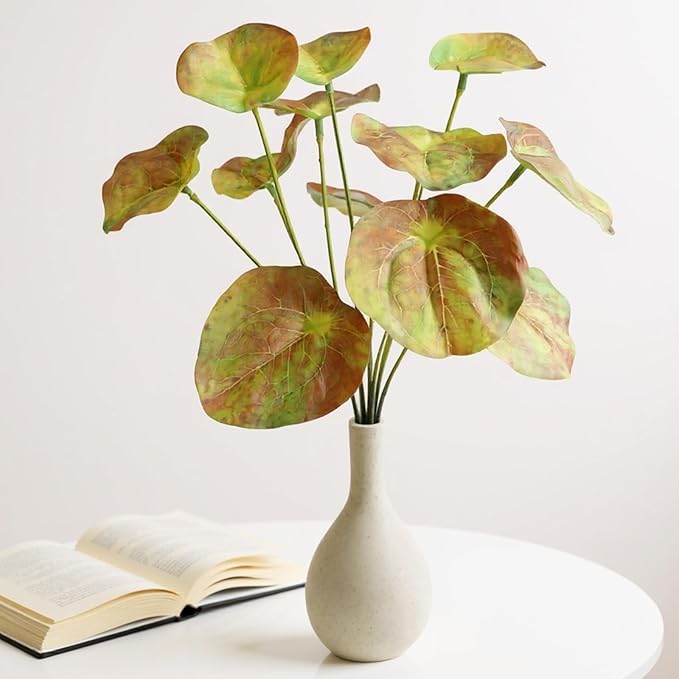 Fake Green Plants with Ceramic Vase, Artificial Tropical Faux Pilea Plants Fake Greenery Indoor for Office Desk Bedroom Livingroom Bathroom Shelf Windowsill Home House Decor (Autumn Color)