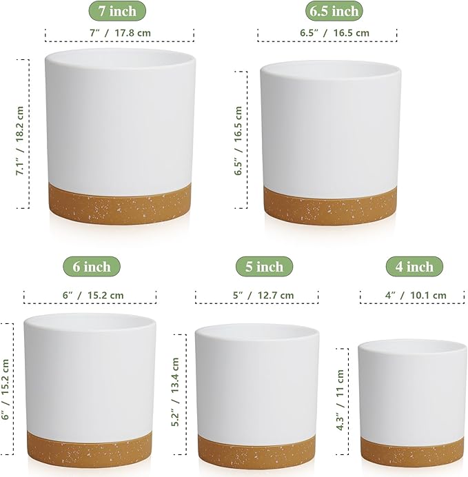WSMKSZ 5 Pack Cylindrical Flower Pots with 7/6.5/6/5/4 inch, Modern Small Plastic Plant Pots with Drainage Holes & Saucers, Round Planter Pots for Outdoor, Indoor & Office Decor (White Brown)