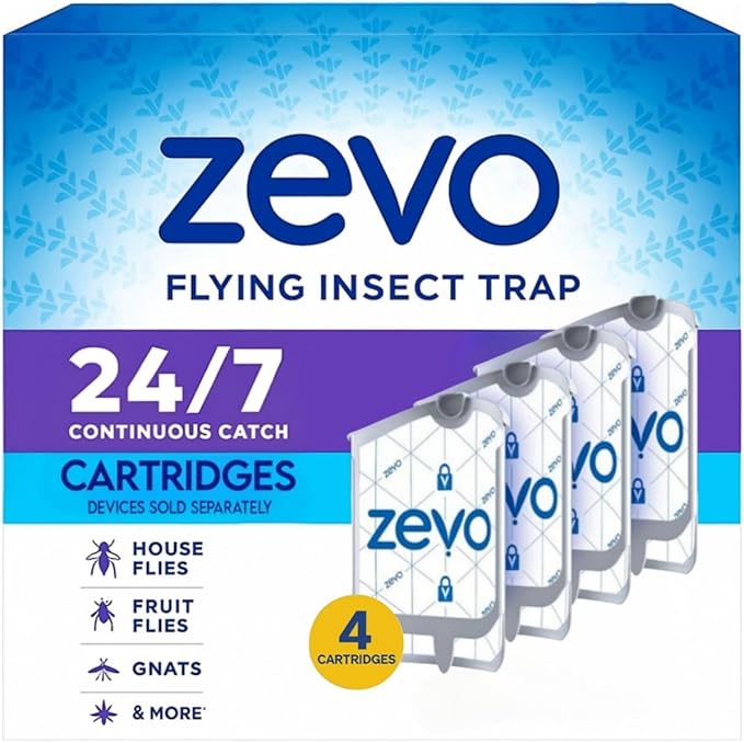 Zevo Insect Refill Cartridges for Plug in Traps – Light-Activated Gnats, Fruit & House Flies Control (4 Refills Pack)