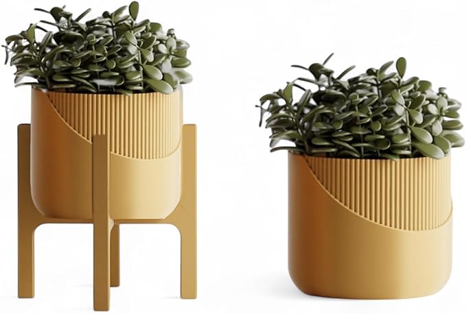 Modern Geometric Planter with Stand – Decorative Indoor Plant Pot with Ridged Top & Smooth Bottom, Stylish Planter for Succulents, Herbs, Small Plants (Gold - Smooth Body with Ridges and Stand)