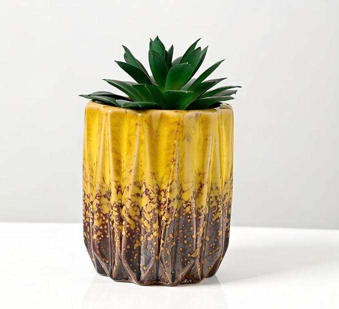 Cute Circular Ceramic Home Garden Decoration Succulent Cactus Flower Pots Container -Plant Not Included (Yellow, 3.19 Inch)