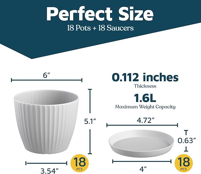 White 6-Inch Plant Pots with Drainage & Saucers 18 Pack, Indoor & Outdoor Planters for Houseplants, Herbs, and Flowers, Durable & Weatherproof Material, Stackable, Lightweight, Minimalist Design