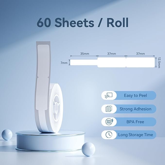 NIIMBOT Thermal Transfer Cable Labels 0.49" x 4.29", for N1(B18) Label Maker, PET Material, Waterproof and High-Temperature Resistance, Long Storage Time, 1 Roll of 60, White