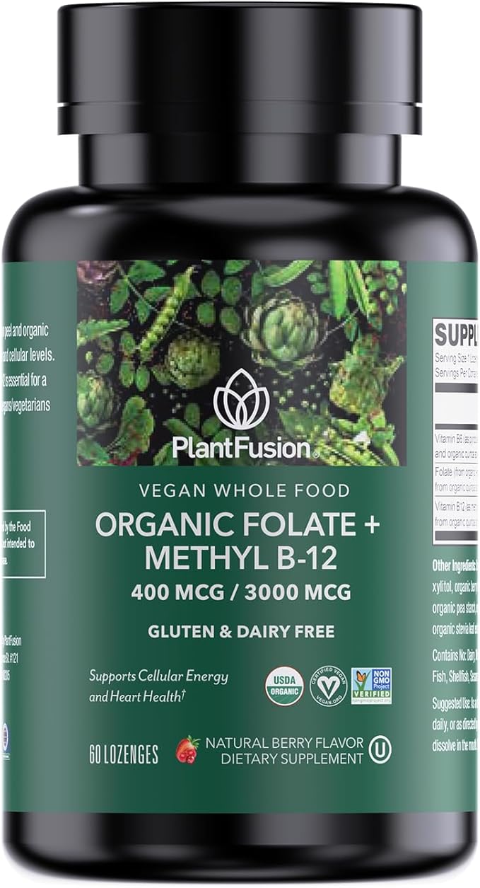 PlantFusion Organic Methylated Vitamin B Complex – Vegan B12 3000mcg, Folate 680mcg DFE, B6 from Organic Sprouts – Berry-Flavored Lozenges – 60 Count