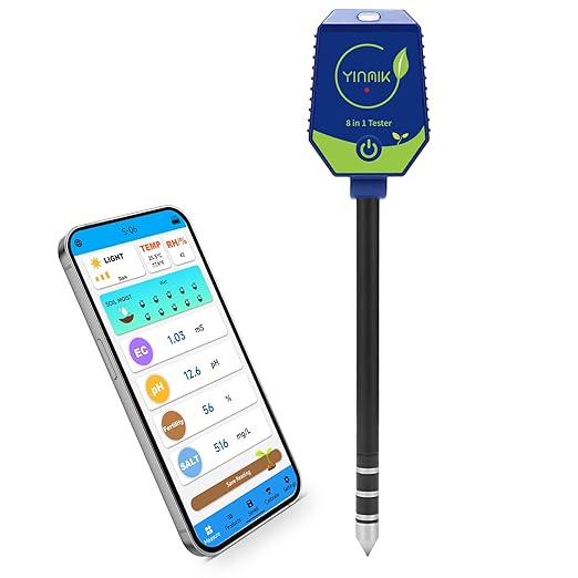 YINMIK Soil Test Kits, pH Moisture Meter for Plant, Smart Soil pH Tester, Digital Soil pH Meter, 8 in 1 Soil Meter - pH Moisture EC Fertility Salt Light Air Humidity Temp Meter for Outdoor, Garden