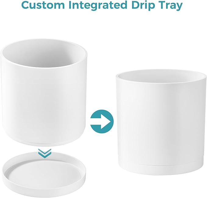 FaithLand 10-Inch Modern Cylinder Planter, Thick-Walled Plastic Plant Pot with Drainage Holes and Detachable Saucer, Matte White, Ideal for Indoor & Outdoor Plants Flowers