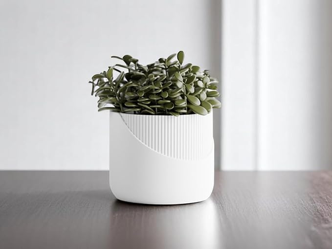 Modern Geometric Planter with Stand – Decorative Indoor Plant Pot with Ridged Top & Smooth Bottom, Stylish Planter for Succulents, Herbs, Small Plants (White - Smooth Body with Ridges and Stand)