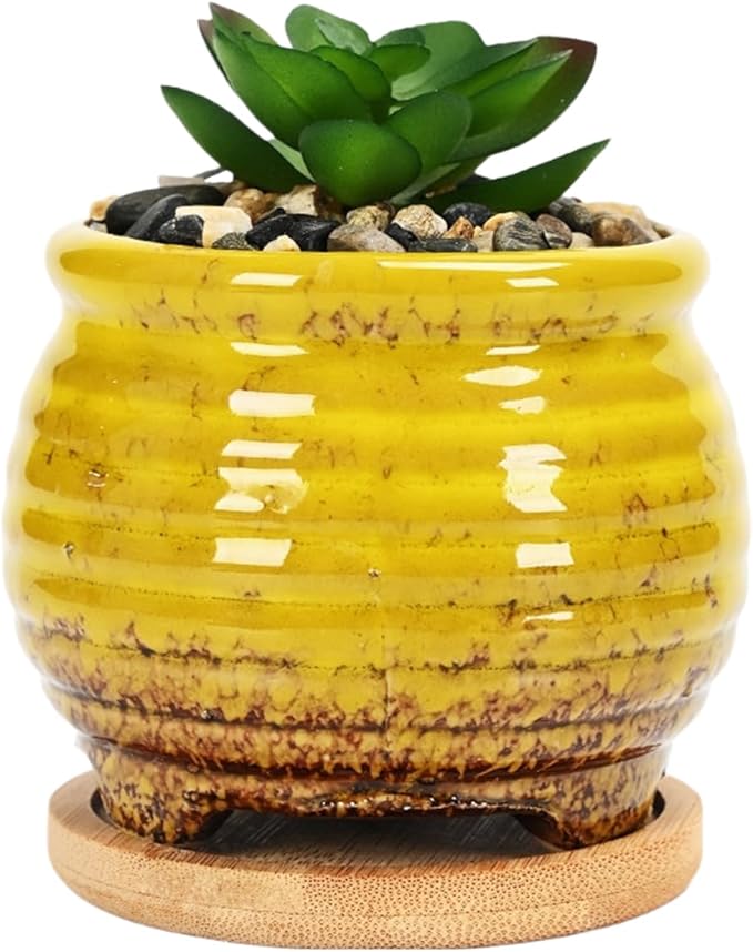 Cute Circular Ceramic Home Garden Decoration Succulent Cactus Flower Pots Container with Bamboo Tray -Plant Not Included (Yellow, 3.8 Inch)