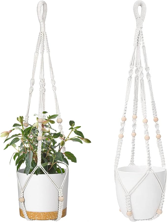 ZMTECH Macrame Plant Hanger for Indoor Plants - 2 Pack 35 Inch Boho Hanging Plant Hanger with Natural Wood Beads, Ivory Home Decor