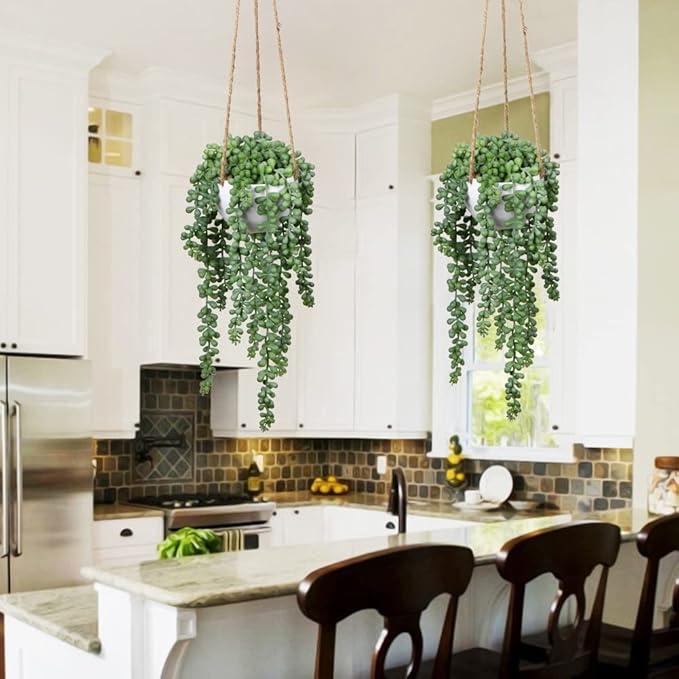 plants Fake Hanging with Pot, 14'' Faux String of Pearls Succulent Greenery Artificial Hanging for Indoor Home Office Farmhouse Bathroom Wall Shelf Decor - Dusty Green