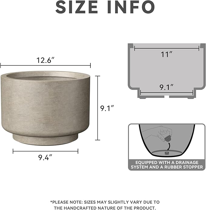 Kante 12.6 Inch Dia Concrete Planter, Round Pedestal Design Garden Pot for Indoor Outdoor Plants, Modern Flower Pot with Drainage Hole and Rubber Plug, Weathered Concrete