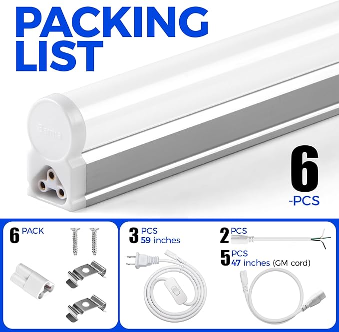 Barrina T5 3FT LED Shop Light, 1900lm, 5000K Daylight White, 16W Utility Light Fixture, Commercial Bay Light for Workshop Garage, Corded Electric with ON/Off Switch, 6 Packs