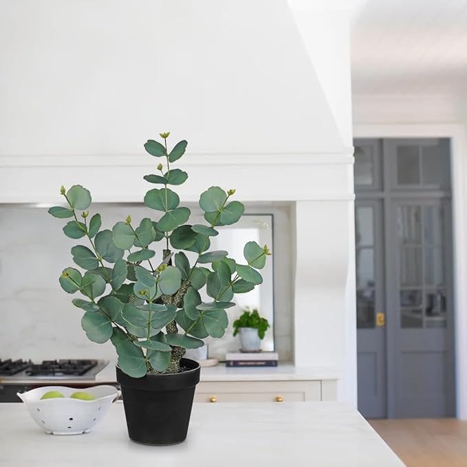 Artificial Plants Indoor with Pot, 18" Tall Faux Plants Indoor Silk Plant, Fake Potted Plant Small Eucalyptus Tree for Living Room Bathroom Kitchen Farmhouse Office Desk Table Shelf Decor, Green