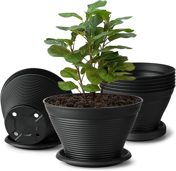 RooTrimmer 8 Inch Plastic Plant Pots with Saucers 8 Pack, Flower Pots with Drainage Holes, Sturdy Planter Pots for Indoor Outdoor, Modern Decorative Gardening Pots for Planting House Plants, Black