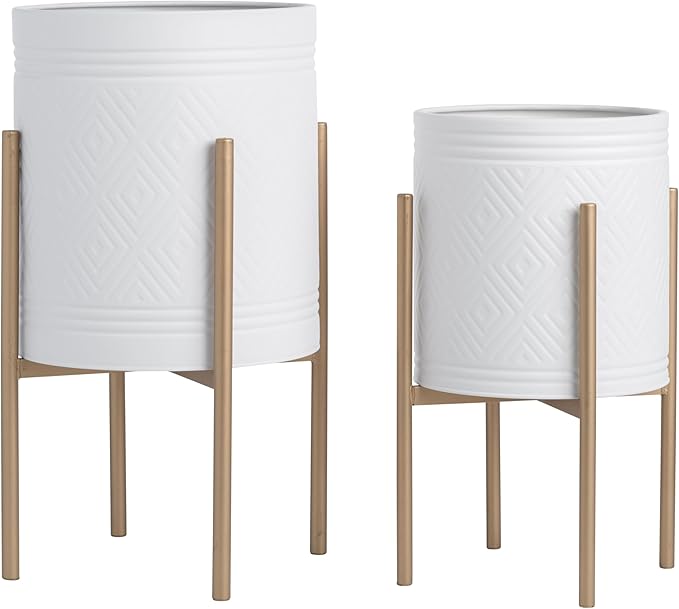Decorative Flower Pots with Metal Stand for Home Decor - Modern Planters for Hallway, Entryway, and Living Room Decor - Indoor and Outdoor Pots for Plants - Set of 2, 23", 19", White & Gold
