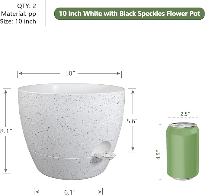 WSMKSZ 10 inch Self Watering Pots, Planter, Plant Pots with Mesh Drainage Holes for Indoor Outdoor House Plants and Garden, Set of 2 Plastic Flower Pots with Deep Reservoir, Speckled White
