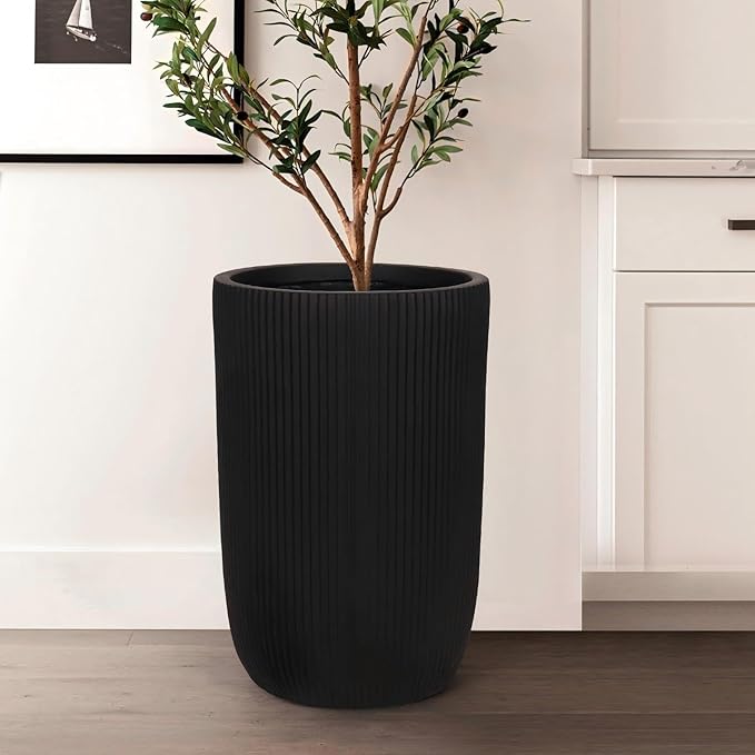 Oakrain 18" Tall Indoor Planter, Modern Decorative Pot with Drainage Hole, Large Minimalist Outdoor Planters for Home Decor, Garden, Living Room, Black