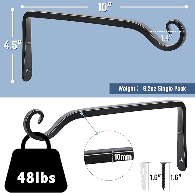 FEED GARDEN Wall Hooks for Hanging Plants 10 Inch - 2 Pack Heavy Duty Metal Plant Brackets, Holds 48 lbs, Rust Resistant Black L-Shape Hooks for Indoor Outdoor Decor