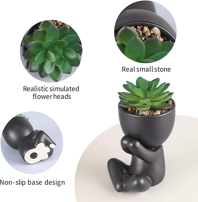 2 Pcs Succulent Artificial Plants Indoor Fake Plants for Office Desk Bathroom Bedroom Room Aesthetic Decor Accessories with Cute Creative Humanoid Ceramic Planter