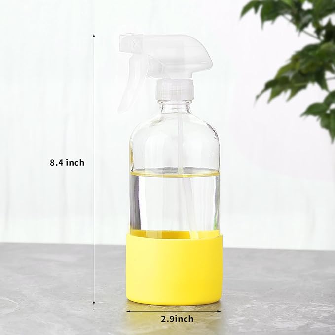 Glass Spray Bottles (2-Pack) with Silicone Sleeve - 16oz Empty Refillable Bottles - Adjustable Nozzle for Hair, Plants, Cleaning & DIY Solutions - Blue & Grey (yellow + turquoise)
