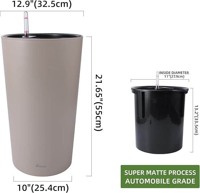 Dexceder 22x13 Tall Self Watering Planter High Cylinder Indoor Outdoor, Thickened Large Floor Standing Flower Plant Pot with Water Level Indicator (Taupe Matte)