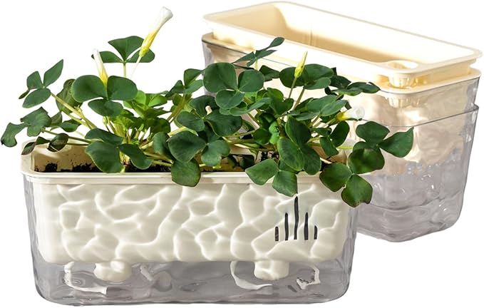 3 Pack Self Watering Rectangular Plant Pots, 11" x 5"x 5" Plant Containers with Drainage Holes, Rectangle Houseplant Window Planters for Succulents, Flowers,Herbs,Vegetables (Off-White)