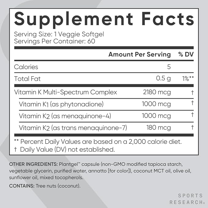 Sports Research Vitamin K Multi-Spectrum - Three Types of Vitamin K: K1, K2 MK-4 & K2 MK-7 - Vegan Friendly, Plantgel Capsule - 60 softgels