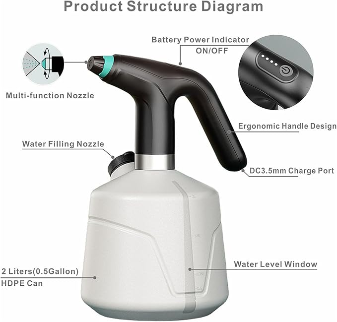 2000ml Electric Plant Sprayer Bottle Automatic Sprayer for Car Detailing and Home Use with Convenient Water Inlet