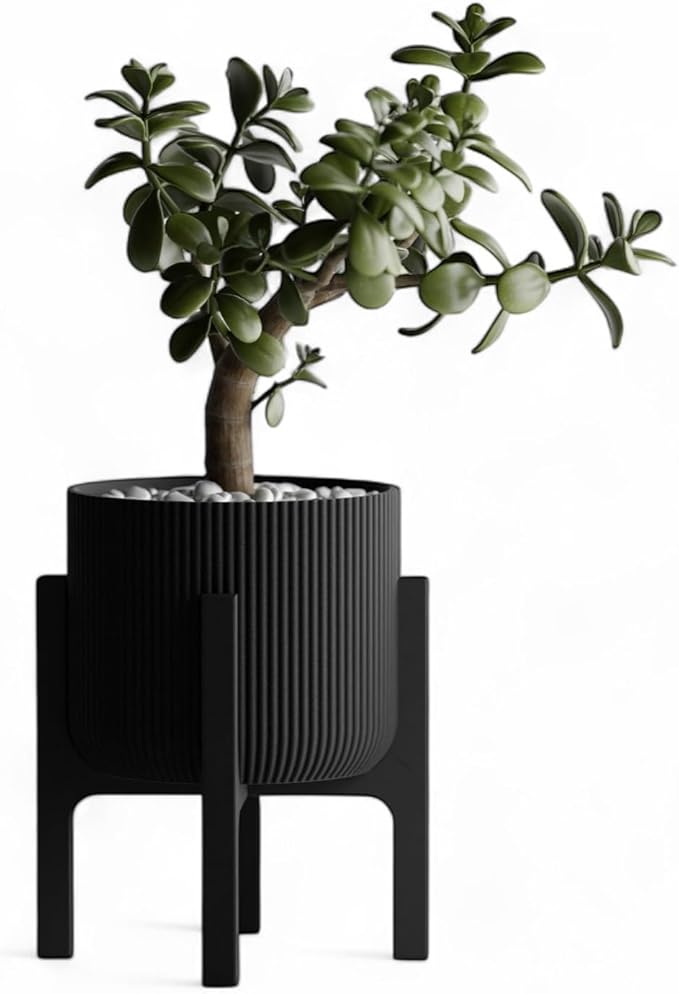 Modern Geometric Planter with Stand – Decorative Indoor Plant Pot with Ridged Top & Smooth Bottom, Stylish Planter for Succulents, Herbs, Small Plants (Black - Ridges only and Stand)