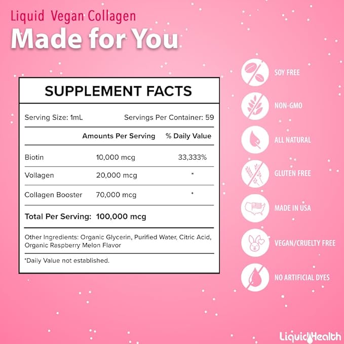 LIQUIDHEALTH 100% Vegan Collagen Plus Biotin 100,000mcg Liquid Drops - Plant-Based Liquid Collagen for Women & Men - Hair & Nail Growth, Skin Health, Boosts Metabolism - Made in USA, Non-GMO (2 oz)