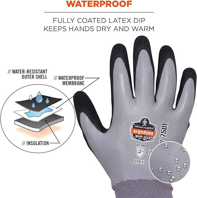 Ergodyne ProFlex 7501 Coated Waterproof Winter Work Gloves, Sandy Nitrile Coated Palms, Thermal Fleece Lining, Gray