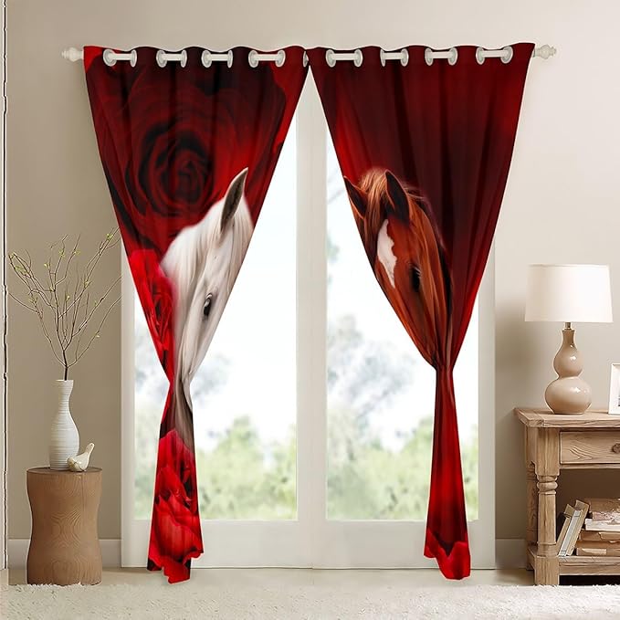 White Brown Horse Curtains & Drapes,3D Farmhouse Animal Blackout Curtains,Western Wild Animals Window Curtains 2 Panels 52" Wx63 L, Rose Romantic Flowers Window Treatments Nature Safari Theme Decor