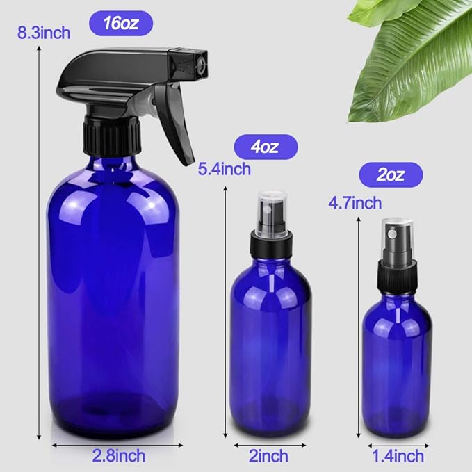 Worldgsb Glass Spray Bottles, 16oz*2+4oz*2+2oz*4 Refillable Containers, Empty Boston Round Bottles with Adjustable Nozzle for Cleaning, Gardening, Aromatherapy, Pets, Plant, Hair - Blue