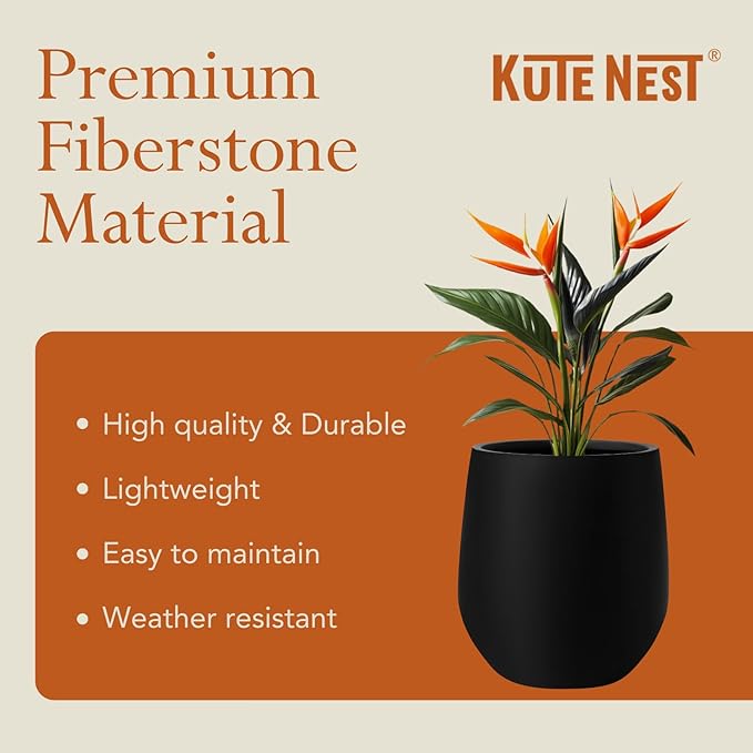KUTE NEST 16.5" H x 15" D Premium Corso Fiberstone Round Tapered Planter with Drainage Hole, Weather Resistant for Indoor & Outdoor Use, Included 2 Extra Coco Mats (Black, 11.5" Pot Opening)