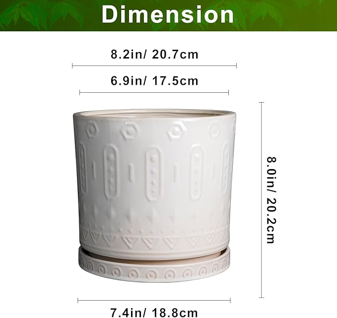 Eightpot Ceramic Planter for Indoor Plants - 8 Inch Plant Pot Outdoor Flower Pot with Drainage Holes and Saucer Modern Round Planter Succulent Pot for Home Garden Decor White