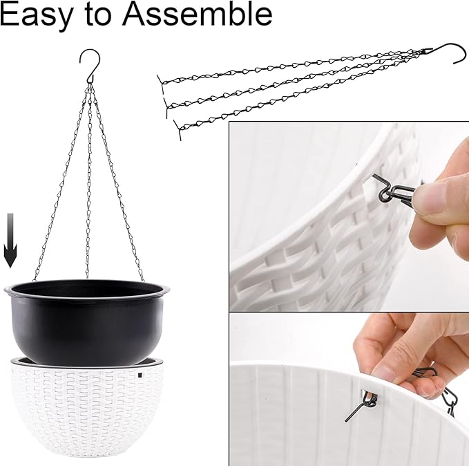 Foraineam 2-Pack Dual-pots Design Hanging Basket Planters Self-Watering Indoor Outdoor Plant & Flower Hanging Pots with Drainer and Chain, 2 Size Assorted (White)