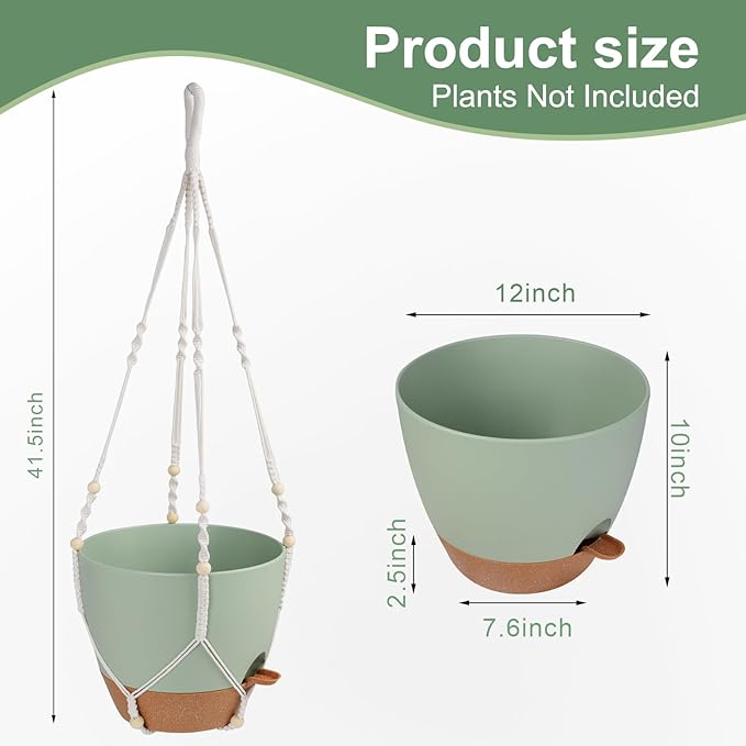 Vanslogreen 41.5 Inch Macrame Plant Hanger Indoor Outdoor with 12 Inch Flower Pot, Hanging Planter for Plants Holder with Wood Beads for Boho Home Decor (Ivory+Green)