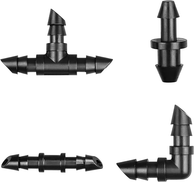 Gardrip 1/4 Inch Drip Irrigation Fittings Kit：140 Pieces Drip Irrigation Parts with Sharp End for 1/4" Irrigation Tubing Barbed Connectors for Home Garden 65 Couplings 50 Tees 10 Elbows 15 Goof Plugs
