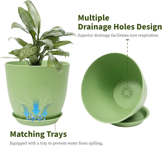 Vanslogreen Plant Pots 8 Inch Set of 6, Flower Pots with Drainage Holes and Saucer, Plastic Garden Planters for Indoor & Outdoor Plants (Green)