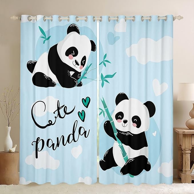 Feelyou Cute Panda Window Curtains Bedroom Living Room Cartoon Panda Curtains Kids Room Decor Boys Girls Animal Theme Window Drapes Kawaii Animal Window Treatments Blue 52W X 63L，2 Panels