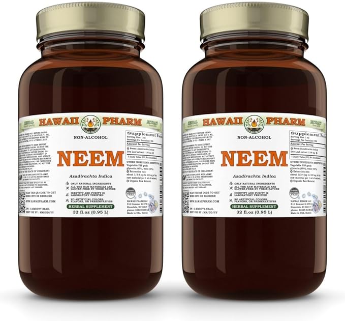 Hawaii Pharm Neem Alcohol-Free Liquid Extract, Professional Grade, Small Batch Crafted Neem (Azadirachta Indica) Dried Leaf Glycerite Natural Herbal Supplement, 2x32 fl.oz