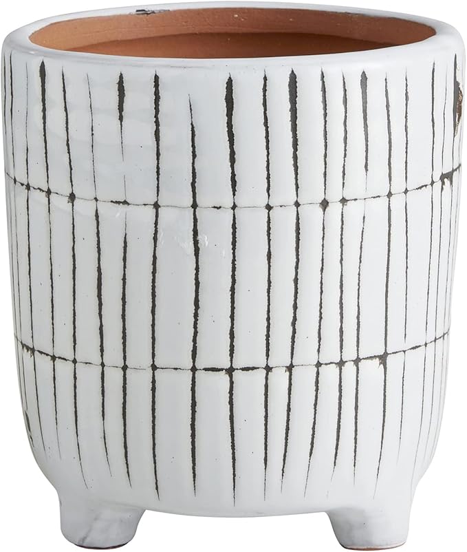 47th & Main Modern and Contemporary Footed White Terracotta Planter for Flowers Small Plants Succulents and More, 5.5" Tall, Stripes
